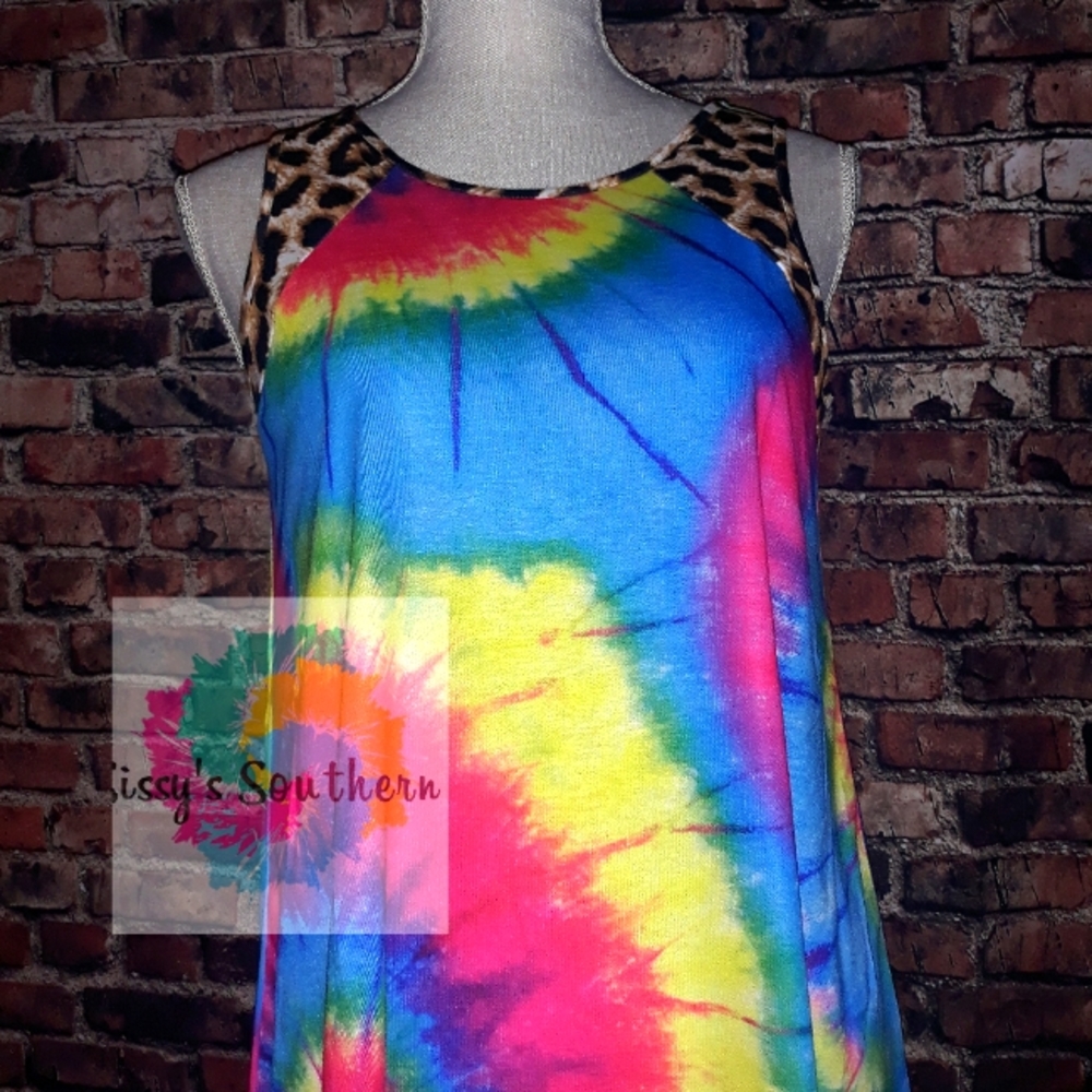 Tie dye tank with cheetah trim